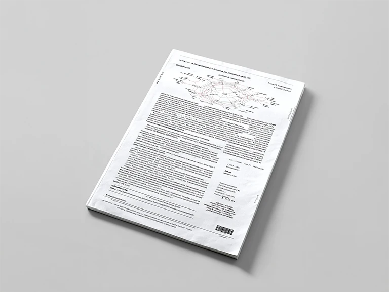 A stack of scientific papers with diagrams and text lies on a gray surface. The top page shows a detailed diagram with various lines and numbers, and the heading is in a non-English language.