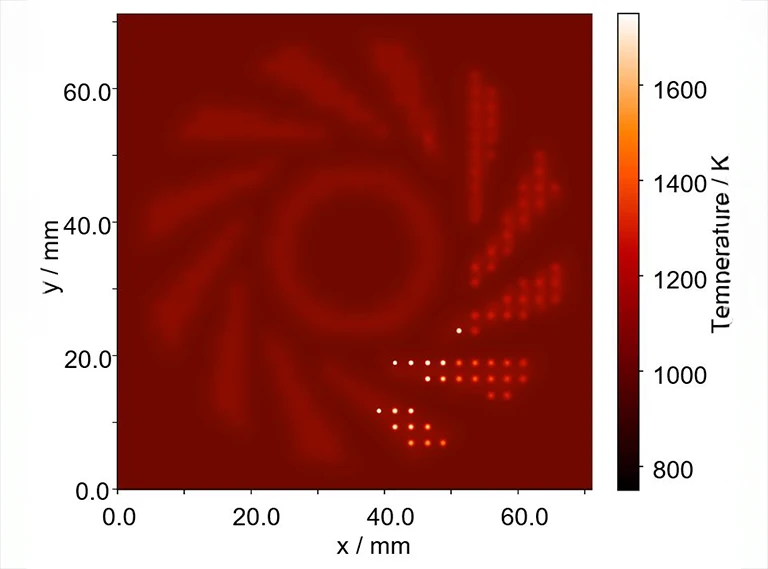 Wärmekarte, die die Temperaturverteilung (800-1700 K) in einem spiralförmigen Muster auf einem x-y-Gitter zeigt, wobei die Temperatur von dunkelrot nach weiß ansteigt. Die Achsen sind in Millimetern beschriftet; ein Farbbalken zeigt die Temperaturskala in Kelvin.
