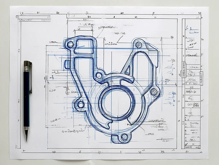 Eine Blaupause eines mechanischen Teils mit technischen Zeichnungen und handschriftlichen Notizen auf weißem Papier. Ein schwarzer Stift liegt auf der linken Seite des Papiers. Die Skizze enthält präzise Linien, Abmessungen und Maße.